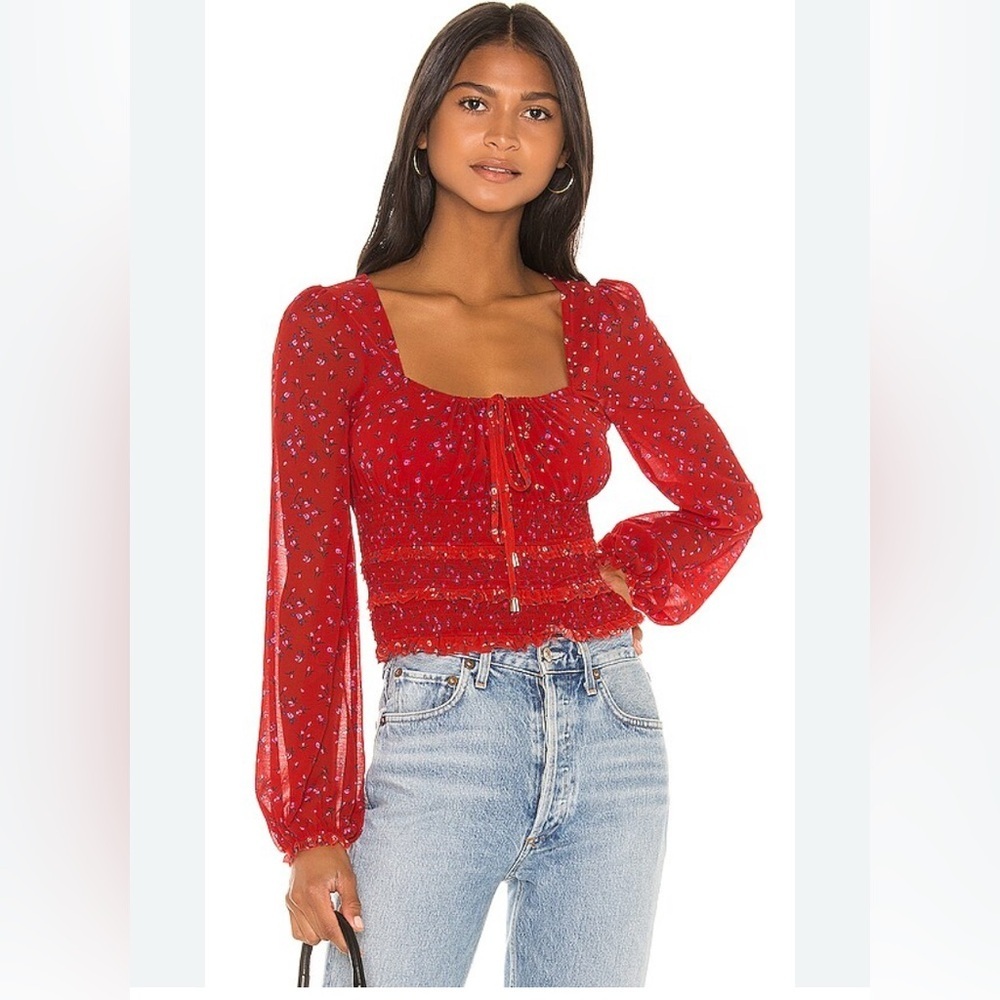 Free People Lolita Red Long sleeve Cropped Floral Peasant Top Women’s Size S